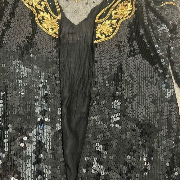 Judith Ann Creations Black & Gold 100% Silk Sequins Beaded Long Sleeve Gown Sz S - Picture 8 of 14